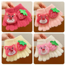 儿童卡通手套冬季男女宝宝保暖加厚连指套女孩写字毛线手套可爱熊