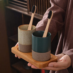Japanese style stoneware vintage ceramic mouthwash Cup mouthwash Cup Tooth Cup tooth jar hotel pair with tray set