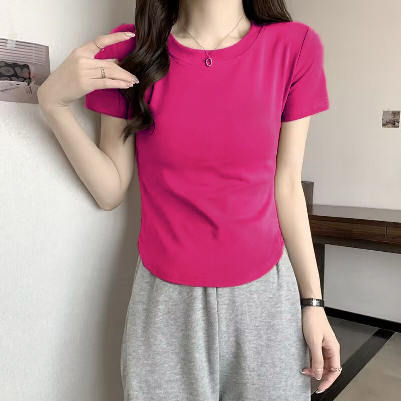 Threaded Cotton Short-sleeved Front Shoulder Crew Neck Solid Color T-shirt Women's Summer Hem Irregular Slim Versatile Top Basic_ecoleips.com