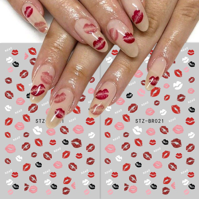 Cross-border New Nail Art Stickers Instagram Valentine's Day Sexy Lips Letter Red Lip Black and White Lip Print Thin Tough Nail Stickers