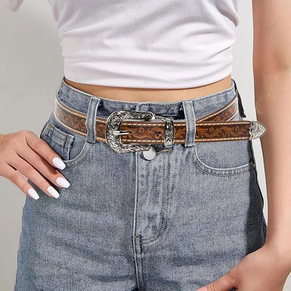 Grenzüberschreitender europäischer und amerikanischer Retro-geprägter Denim-Dünngürtel Spice Girl Texture Brown Niche Universal-Damengürtel Vielseitig_voghion.com