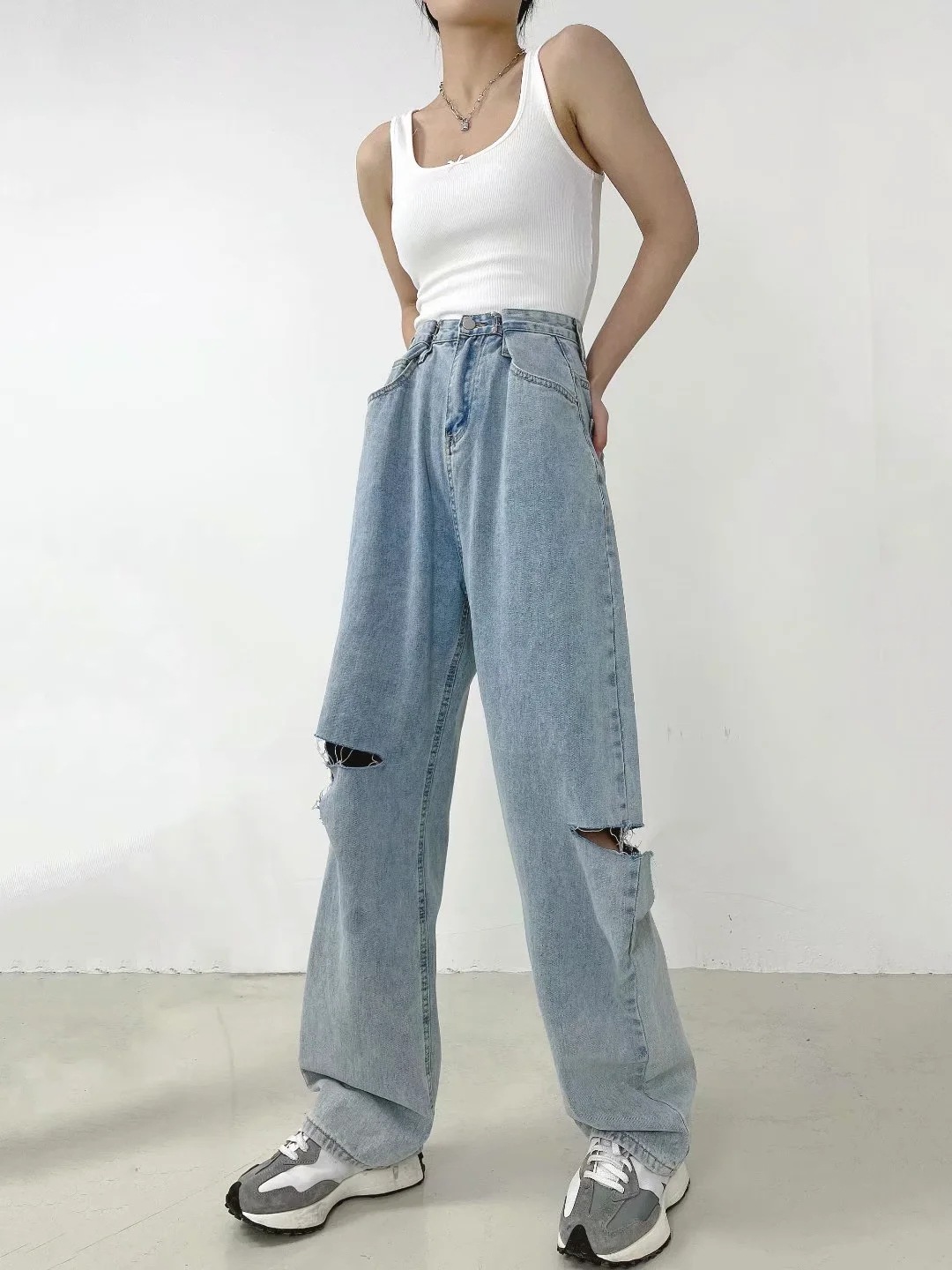 high waist loose wide-leg ripped jeans  NSAC48750