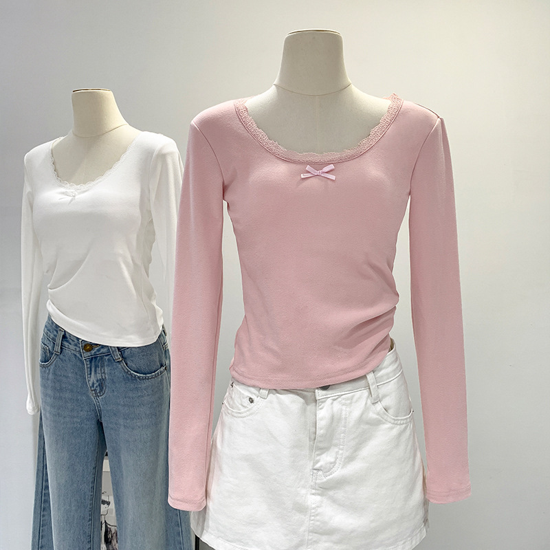 Unique and Beautiful Lace Bow U Tie Chest Pad Long Sleeve Base Shirt Top Women's Autumn and Winter New T-Shirt