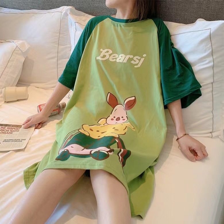 Spot falda de mujer viento perezoso talla grande camisón de mujer manga corta suelta y cómoda cuello redondo lindo vestido de casa con estampado de dibujos animados