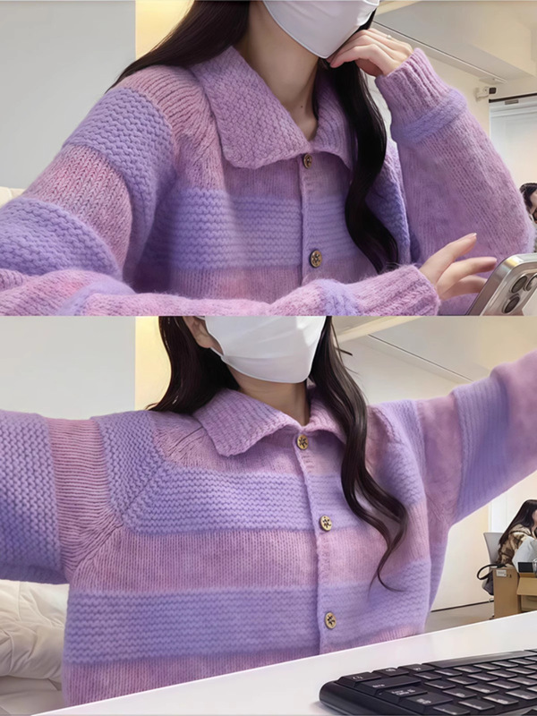 高级感紫色软糯单排扣翻领毛衣开衫外套女2025新款春季多巴胺上衣|undefined