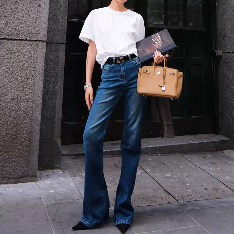 现货 蓝色高腰加长直筒牛仔裤女春秋2025新款美式复古拖地长裤