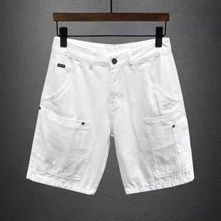 Men's White Denim Shorts Summer Thin Trendy Brand Multi-Pocket Loose Straight Five-Point Shorts 2025 Foreign Trade