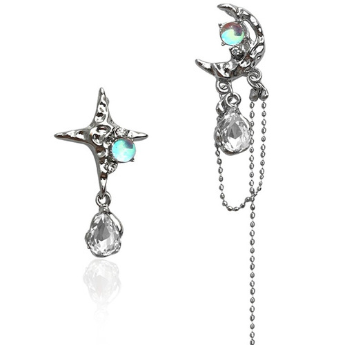 Moon Star Asymmetrical Long Tassel Earrings Women's Ins High-end Earrings Fashionable Temperament Versatile Earring Trend