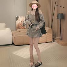 2025夏季新款气质露肩格子衬衫宽松显瘦长袖连衣裙早秋A版裙