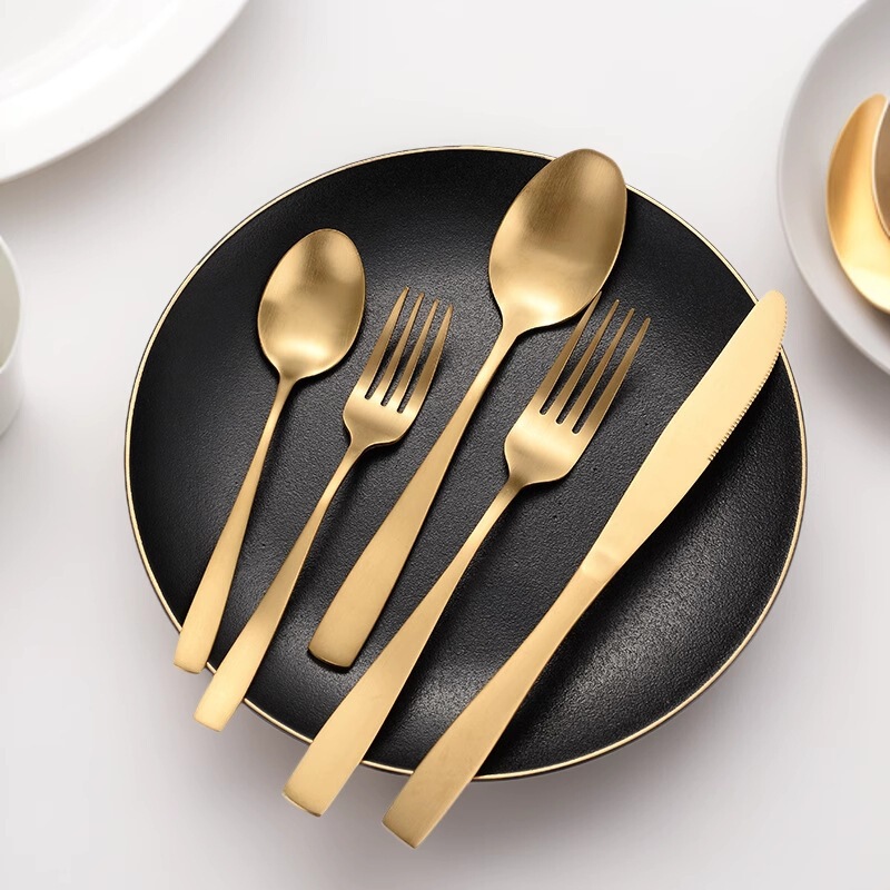 304 Stainless Steel Knife, Fork, and Spoon Set in Gold Color, French-Style High-End Sandblasted Stainless Steel Tableware Set, Light Luxury 304 Stainless Steel Knife, Fork, and Spoon Set in Gold Color, French-Style High-End Sandblasted Stainless Steel Tableware Set, Light Luxury