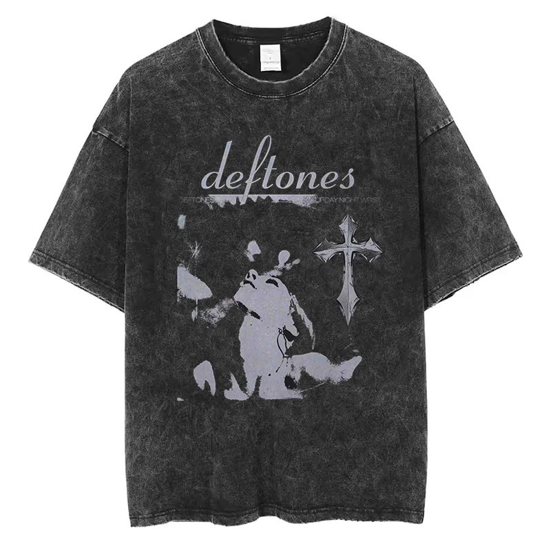 Cross-Border European Size Pure Cotton Hip-Hop Deftones Men's and Women's Summer Washed Distressed T-Shirt Loose Retro Printed Cotton