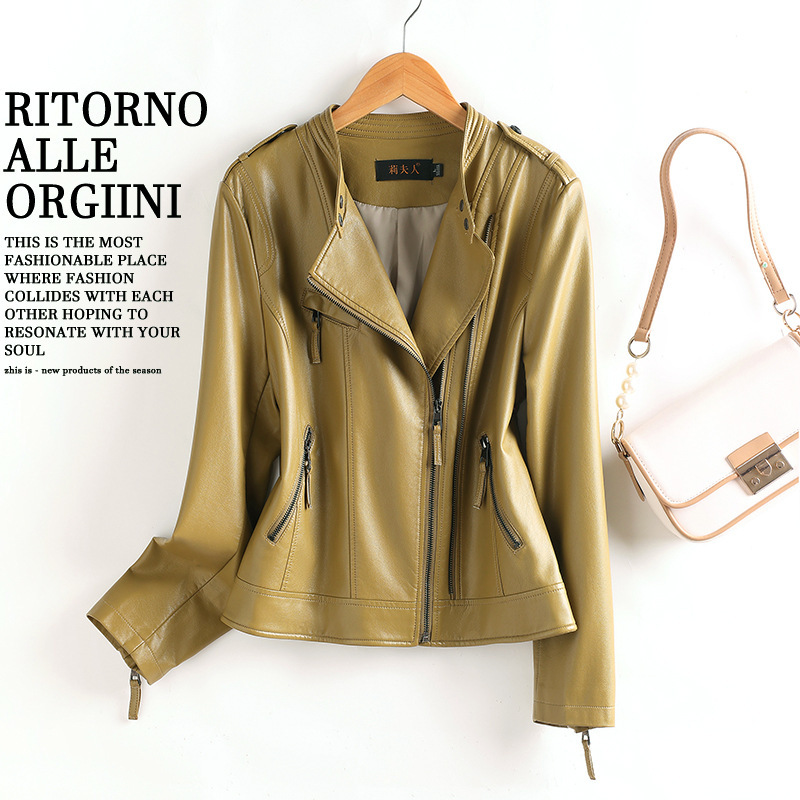 Classic High-Quality Stylish Stand-Collar Sheepskin Genuine Leather Jacket for Women, Short Style, Wholesale Cross-Border Trendy