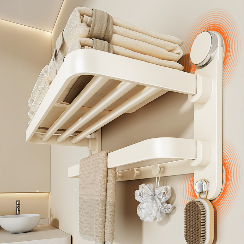 Milk White Suction Cup Bathroom Towel Rack, No-Drill Bathroom Storage Rack, Integrated Shower Rod Towel Rack Set