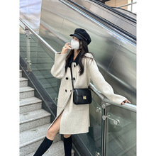 2025秋冬新款韩版撞色拼接双排扣毛呢外套女中长款赫本风呢子大衣