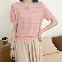 夏季韩版新款圆领套头小个子上衣洋气小衫镂空冰丝针织短袖t恤女