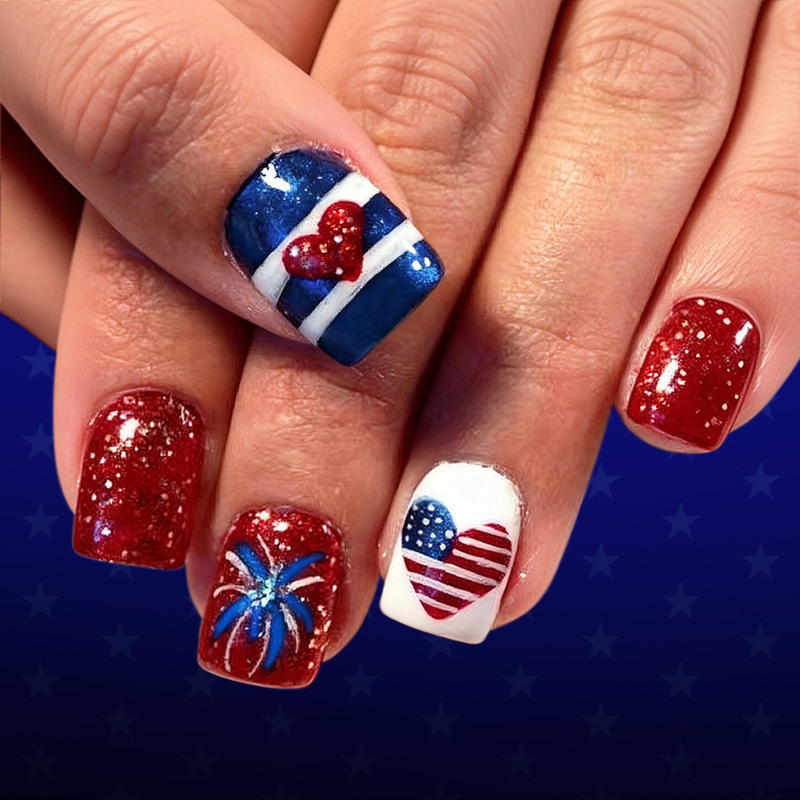 Short Glossy Square Nails with Independence Day Heart Flag Stripes and Glitter Fireworks Design, 24 Pieces