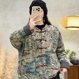 2026冬季新款水墨画印花宽松棉服女立领长袖复古盘扣棉衣外套棉袄