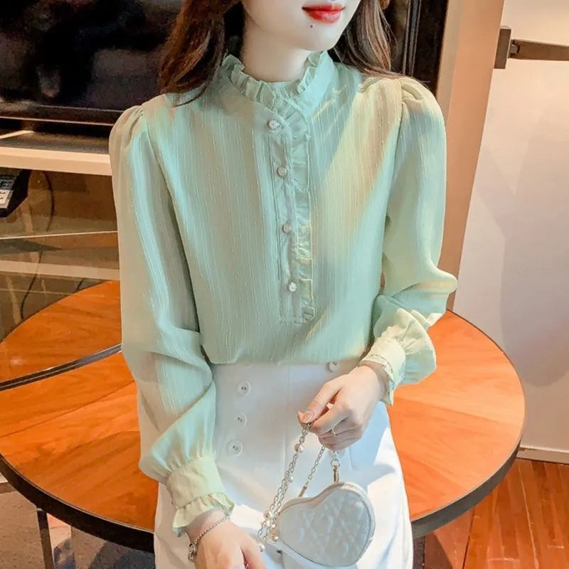 2025春秋新款法式蕾丝雪纺衫女时髦立领花边拼接长袖优雅百搭上衣|undefined