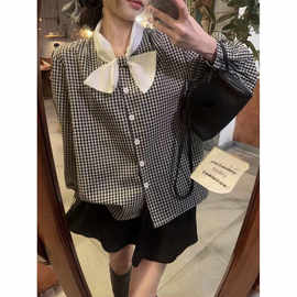 独特漂亮法式蝴蝶结格子长袖衬衫女春季大码微胖mm显瘦设计感上衣