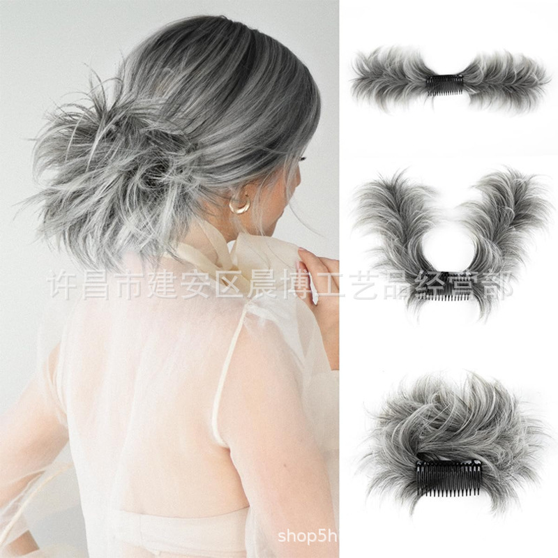 Foreign trade wig women's short curved messy wig bun high temperature wire adjustable bun natural simulation wig