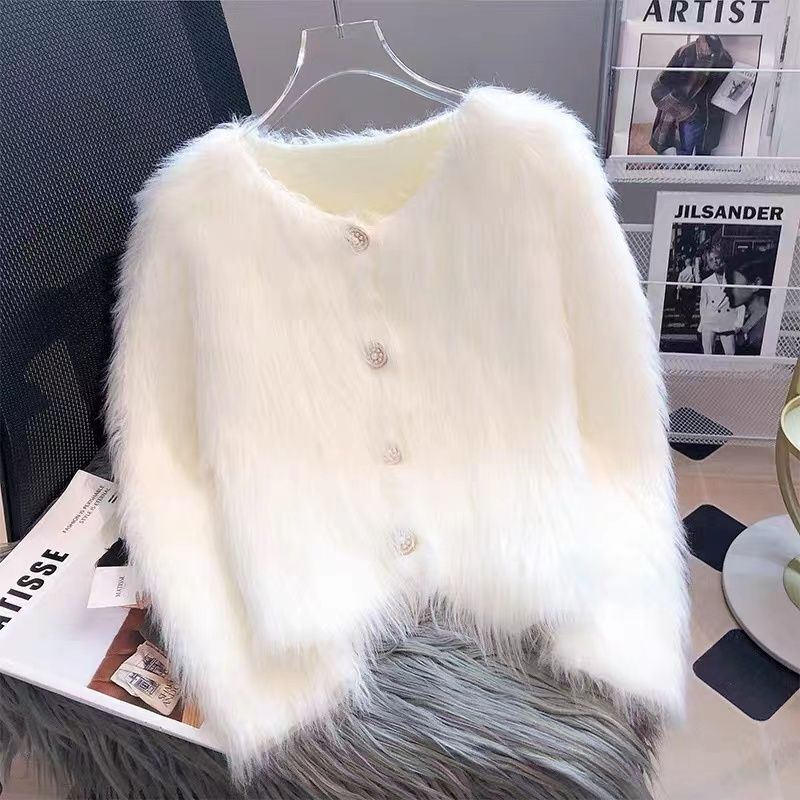 Imitation Mink Velvet Knitted Cardigan Sweater Coat for Women, Autumn and Winter Thickened New Short European Style Soft Long-Sleeve