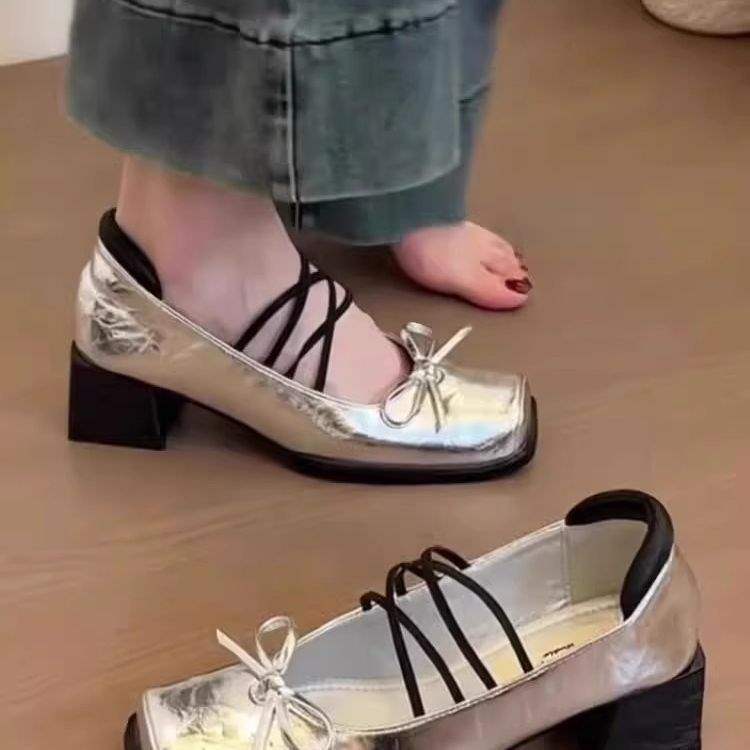 法式复古玛丽珍鞋女2025秋季新款粗跟方头蝴蝶结小皮鞋一字带单鞋|undefined