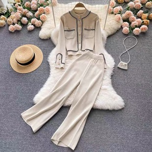 Light mature style knitted suit women's autumn New Design single-breasted Cardigan high waist slimming wide leg pants two-piece set