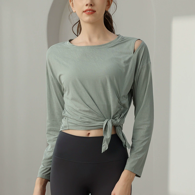 Изумрудный жаккардовый костюм для йоги топ женский раскрой свободная спортивная футболка дышащая снаружи бег пилатес X20