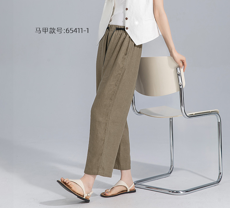 Quần tây nữ ống đứng cạp thun co giãn vải lanh trắng che hông — Màu trắng (bao gồm cả lớp lót) chi tiết 11