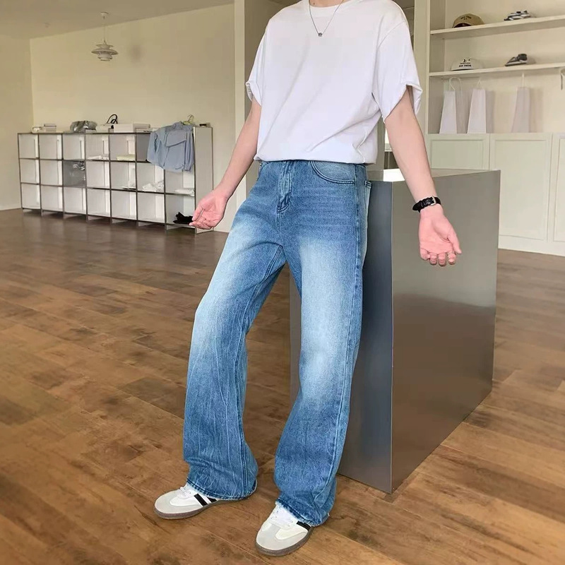 American-style Pan lightning ripple ice blue denim must-have heavy wash textured bamboo joint straight-leg slightly flared men's jeans American-style Pan lightning ripple ice blue denim must-have heavy wash textured bamboo joint straight-leg slightly flared men's jeans