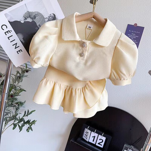 Children's Summer New Set Puff Sleeve Toddler Top Cute Fashion Collar Girl Short Sleeve Short Skirt Two-Piece Set