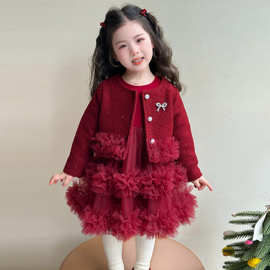 女童小香风新年圣诞服儿童加绒tutu网纱裙套装冬季甜美宝宝公主裙