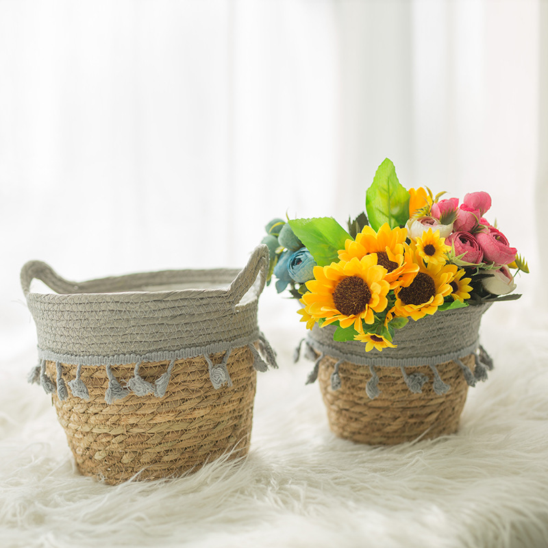Woven grass rope dirty clothes basket, laundry basket, grass rope floral basket, hand-held grass weaving, non-willow woven tassel flower edge basket, storage basket