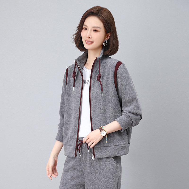 立领撞色卫衣女春秋2025年新款中年妈妈宽松休闲短款拉链开衫外套|undefined