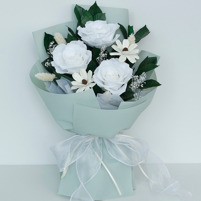 Gardenia hojas de flores eternas productos terminados de regalo de cumpleaños del día de San Valentín para la graduación de la novia bouquet de rosas de alta calidad