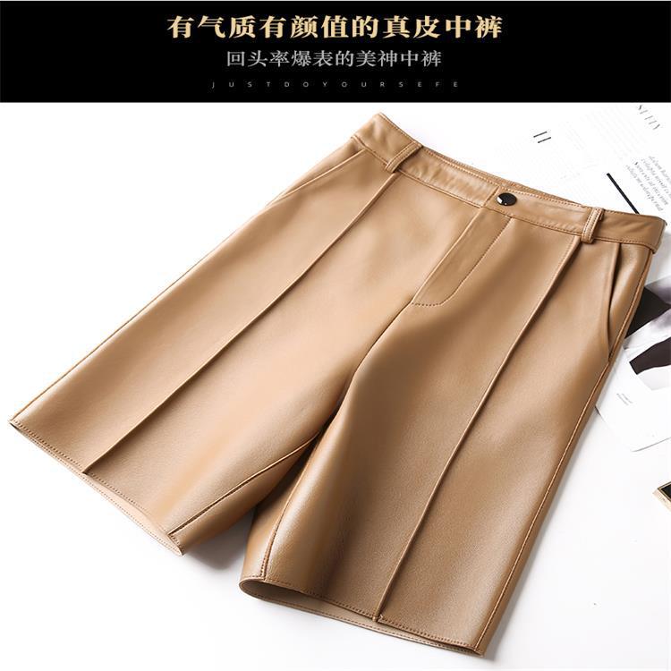 Genuine Leather Pants Women's Early Autumn 2022 New High Waist Slimming Five-point Straight Leather Shorts Sheepskin Mid-length Pants Trendy Genuine Leather Pants Women's Early Autumn 2022 New High Waist Slimming Five-point Straight Leather Shorts Sheepskin Mid-length Pants Trendy