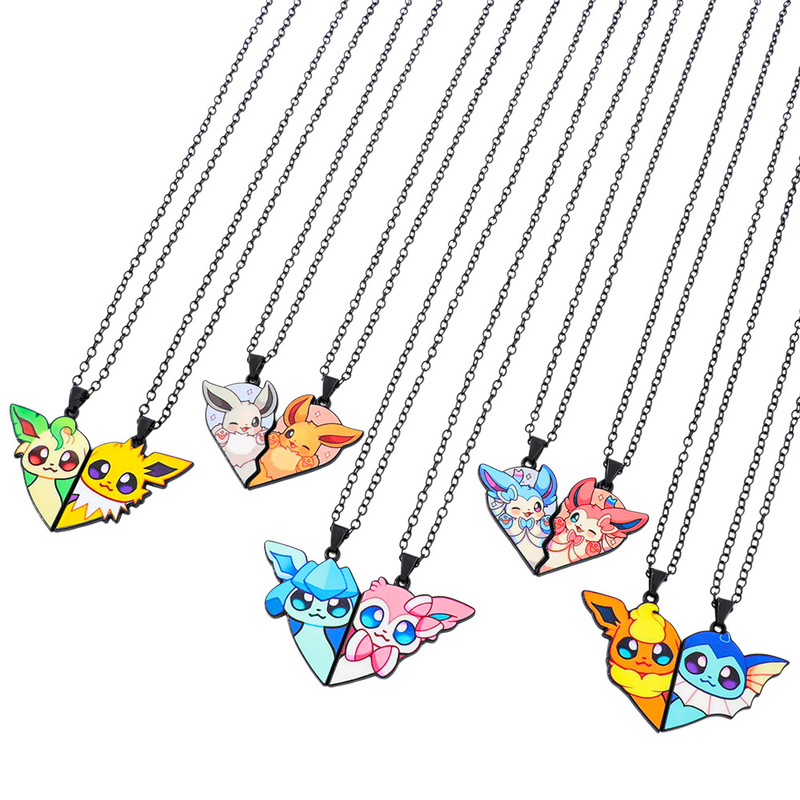 1Pair Cartoon Cute Pokemon Eevee Pendant Necklace Love Patchwork Couple Pokemon Metal Necklace