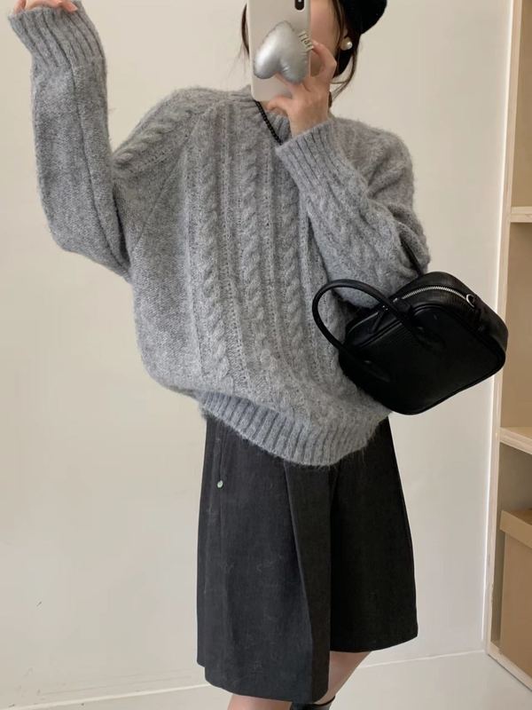 韩系温柔风麻花圆领套头毛衣女秋冬新款软糯百搭针织衫上衣女1346|undefined