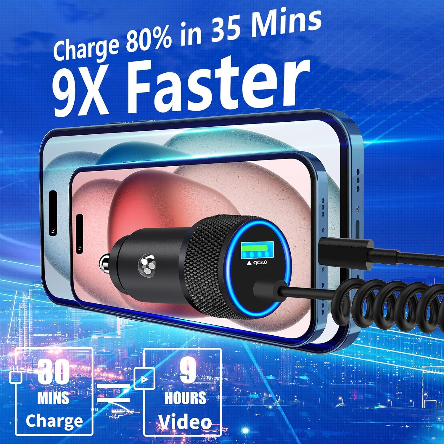 Car Charger Dual Fast Charging Metal Material Super Qc3.0 Spring Cable Suitable for Apple Flash Charging