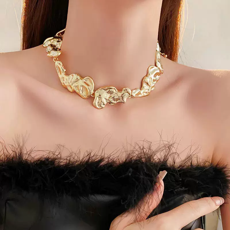 欧美跨境褶皱流水不规则项圈金属液态熔岩项链夸张个性百搭配饰