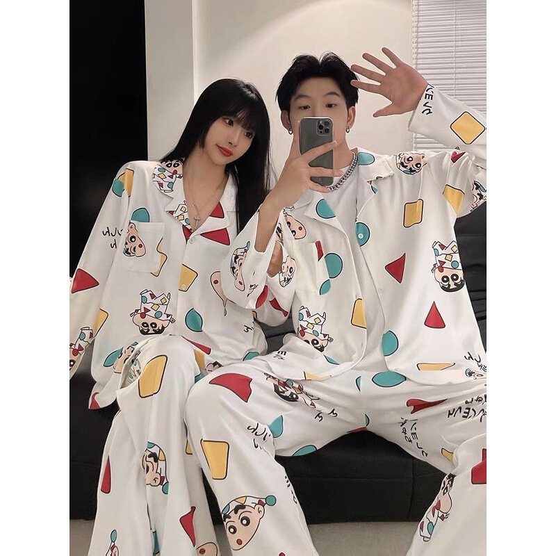 Couple Pajamas Women's Spring and Autumn Long Sleeve Ice Silk Thin 2023 New Men's Simulated Silk Home Clothing Suit Women