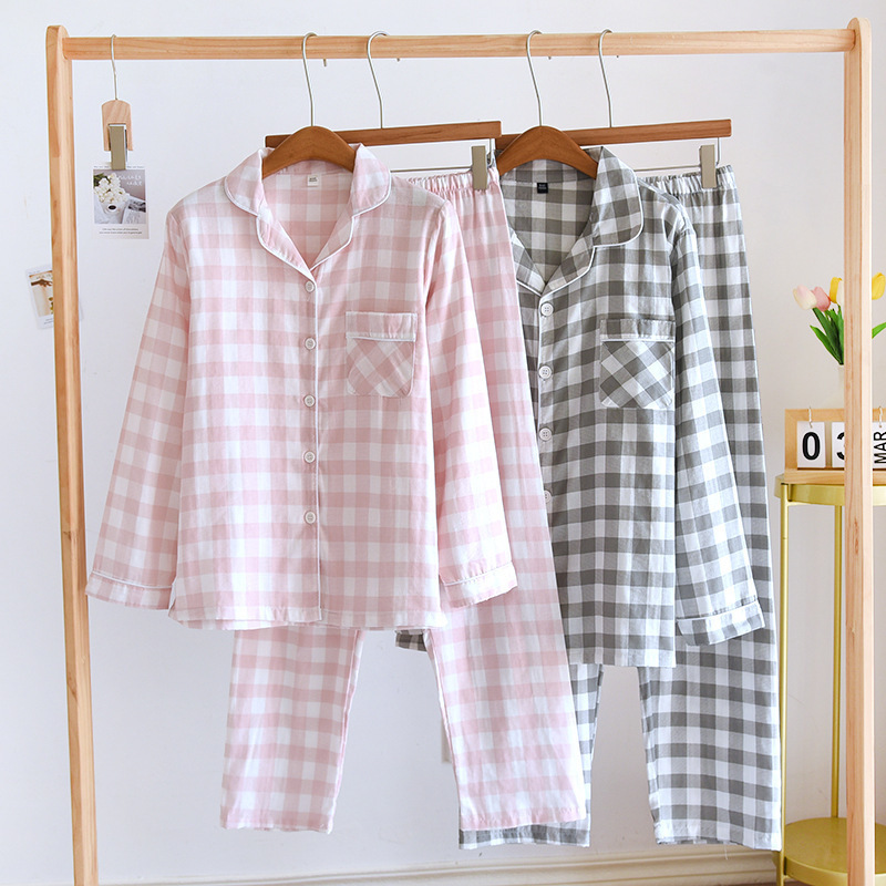 Japanese-Style Pure Cotton Couple Pajamas Spring, Autumn, Summer Muji Style Men's and Women's Gauze Long-Sleeved Long Pants Loungewear Set