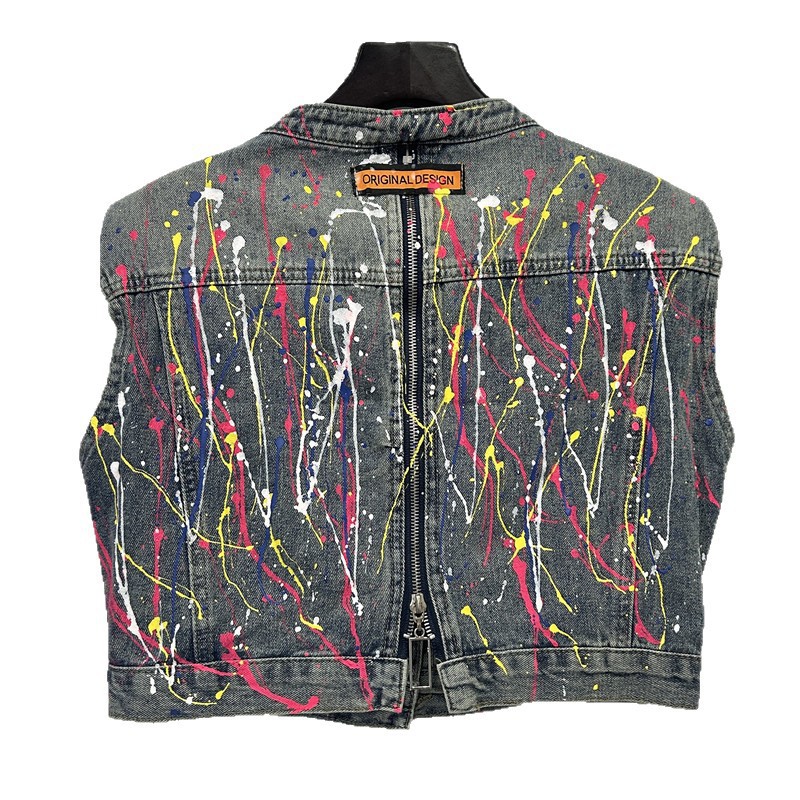 American Retro Graffiti Pintado a mano Diseño de nicho Chaleco de mezclilla Mujer Ropa exterior Nuevo estilo Estilo occidental Chaqueta de chaleco de moda Tendencia