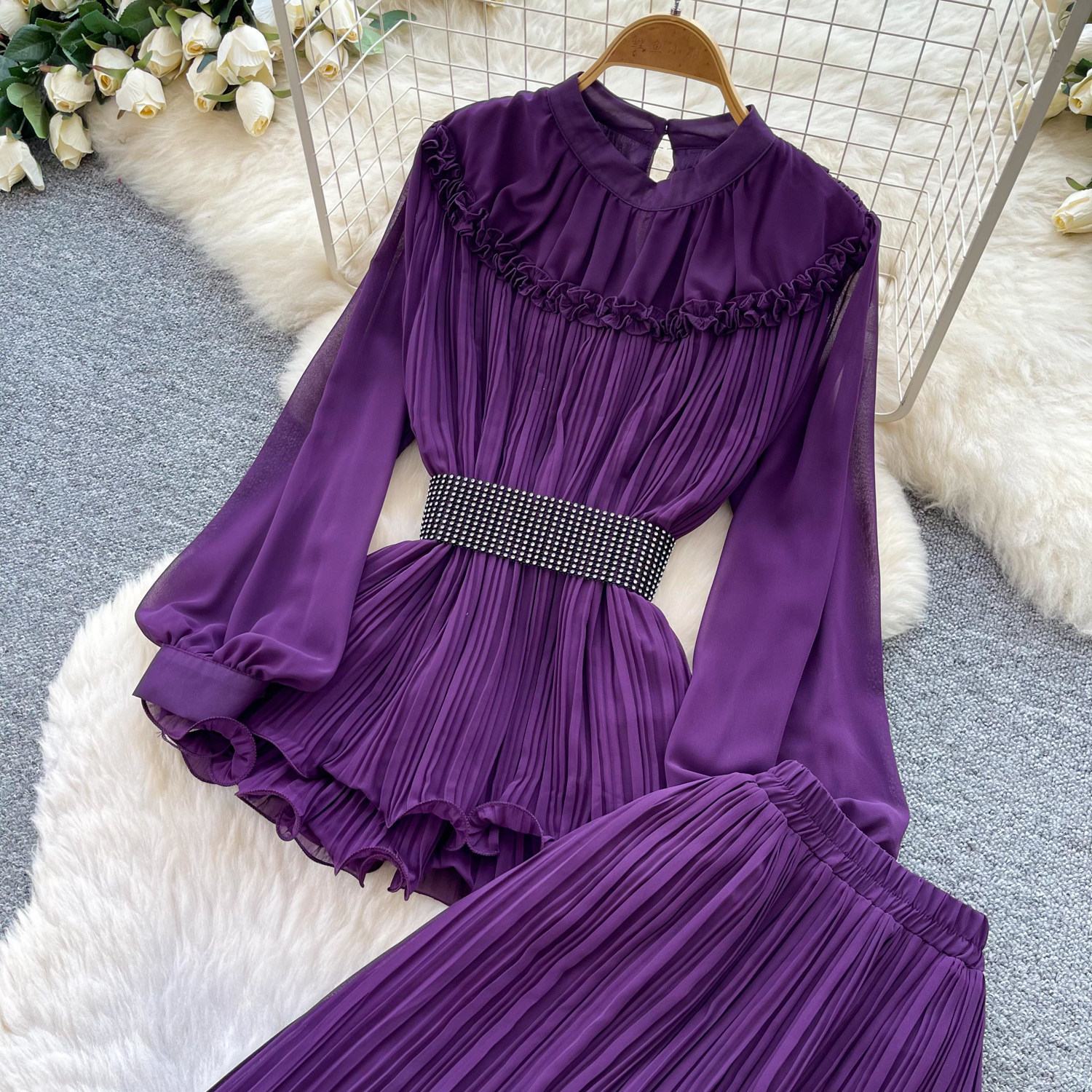 French Office Style Purple Lantern Sleeve Belted Ruffle Midi Dress For Women | Autumn Elegant Two-Piece Set_ecoleips.com