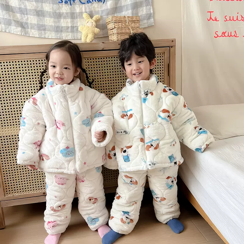 秋冬儿童加绒加厚家居服套装男童女童宽松保暖立领法兰绒外穿睡衣