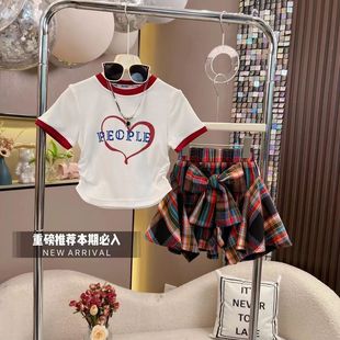 Girls Summer Suit 2024 New Little Girl Fashion Korean Summer Suit Kidsren's Style Hong Kong Style Culottes Two-Piece Set