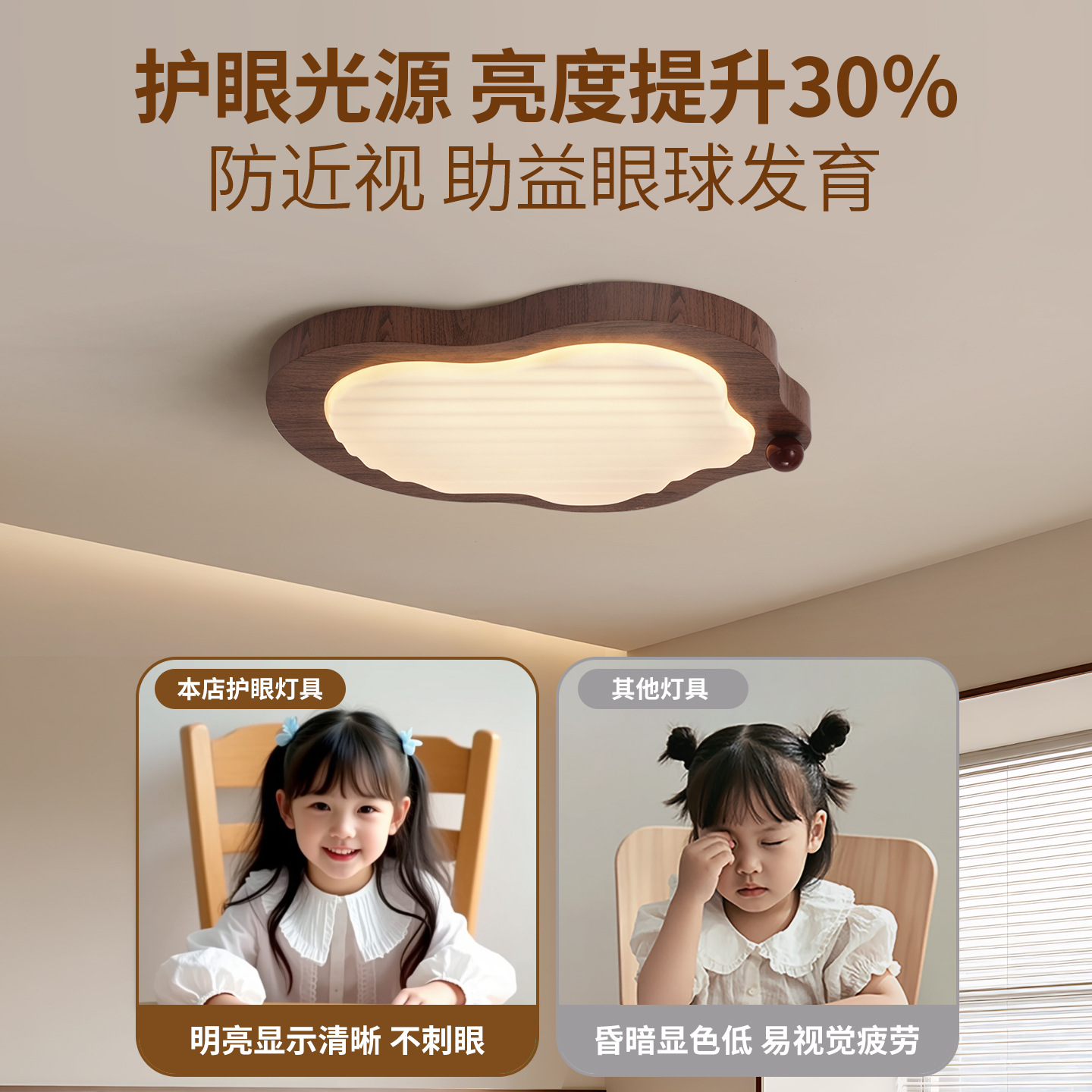 Luz de techo de protección de ojos de espectro completo, estilo antiguo, color de nuez, estilo retro simple, habitación tranquila, lámpara de dormitorio principal, 700L