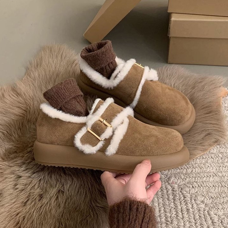 厚底勃肯鞋女2025新款秋冬季加绒平底豆豆女鞋磨砂皮博肯毛毛棉鞋
