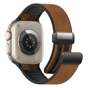 Applicable to Apple Apple Watch1-9 generation ultra silicone Leather Magnetic buckle strap Crazy Horse leather strap
