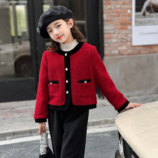 Girls' Autumn and Winter Cotton Chanel Style Coat Western Style Fashionable Winter Thickened 2024 New Style Western Style Top Red Fashion